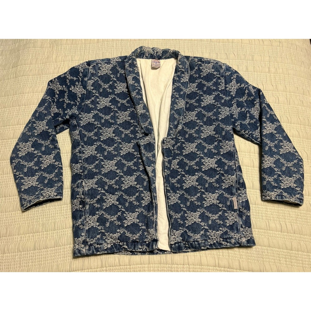 Rare VTG Jordache Blue White Floral Denim Bomber Jacket Blazer 90s Y2K M